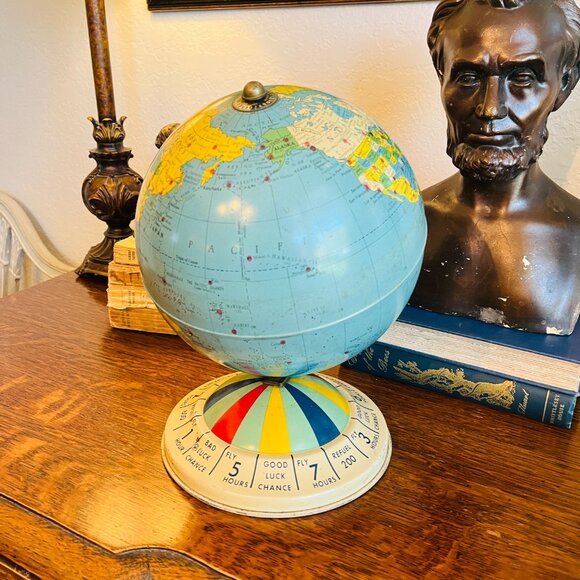 Vintage Mid Century Tin Desk 8 Inch Magnetic Air Race Globe, Replogle Globes Inc - Picture 3 of 16